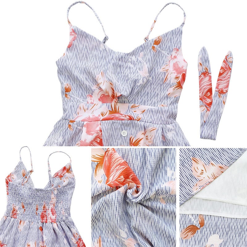FANCYINN Women's Tie Front Summer Midi Dress V Neck Floral Print Button Down Spaghetti Strap Dress Striped Red Flower M - Image 5